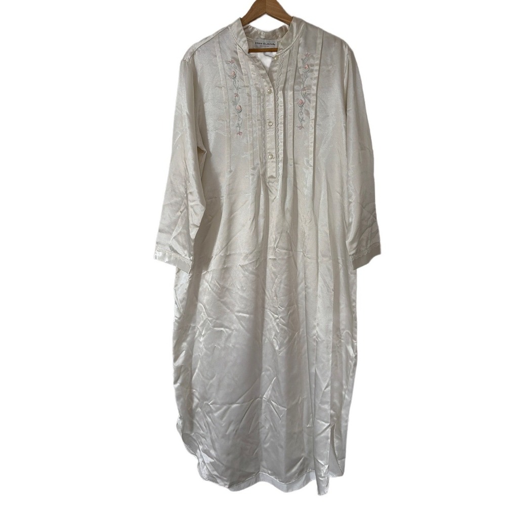 VTG Miss Elaine Floral Embroidered‎ White Satin Long Nightgown Housecoat - M